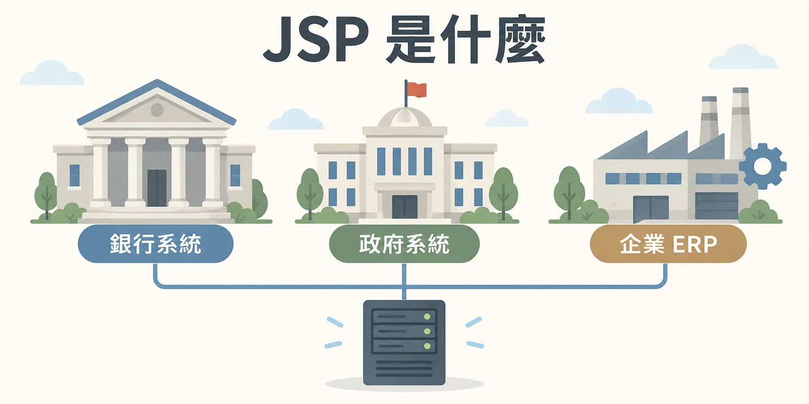 JSP 的常見場景：銀行、政府機關與企業 ERP 等大型 Java 系統，至今仍有許多畫面以 JSP 撰寫並在伺服器上執行。