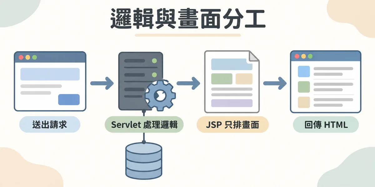 MVC 分工示意:瀏覽器送出請求後,由 Servlet 或 Controller 接收、處理商業邏輯並查詢資料庫,再把資料交給 JSP,JSP 只用 EL 與 JSTL 把資料排成畫面,最後回傳 HTML。