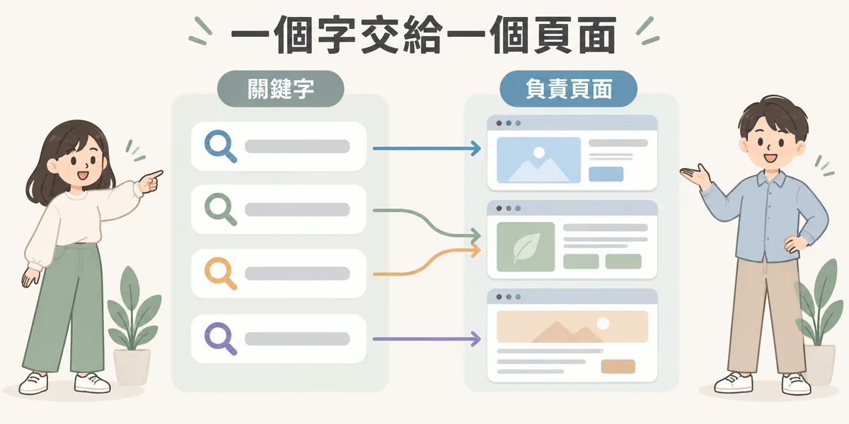 關鍵字地圖概念示意:左邊的每個關鍵字都只用一條箭頭指派給右邊的一個負責頁面,相近的字可以交給同一頁,避免多頁重複搶同一個字。