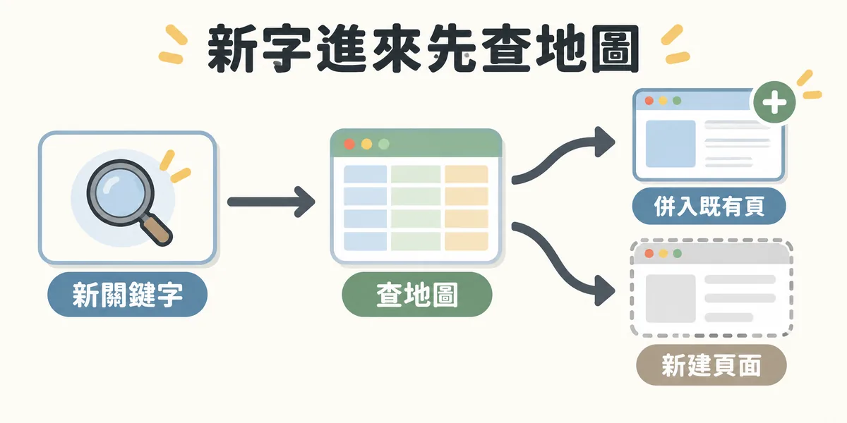 用關鍵字地圖預防蠶食的流程:新關鍵字進來先查地圖,已有負責頁就當輔助字併入該頁,地圖上沒有負責頁才另外新建頁面。