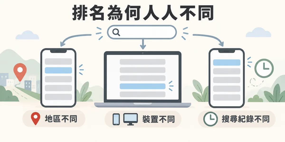 同一個關鍵字排名人人不同的示意：同一次搜尋在不同地區、裝置與搜尋紀錄下，您的網頁出現在結果中的位置高低不一，手動搜尋看到的不能代表整體排名。