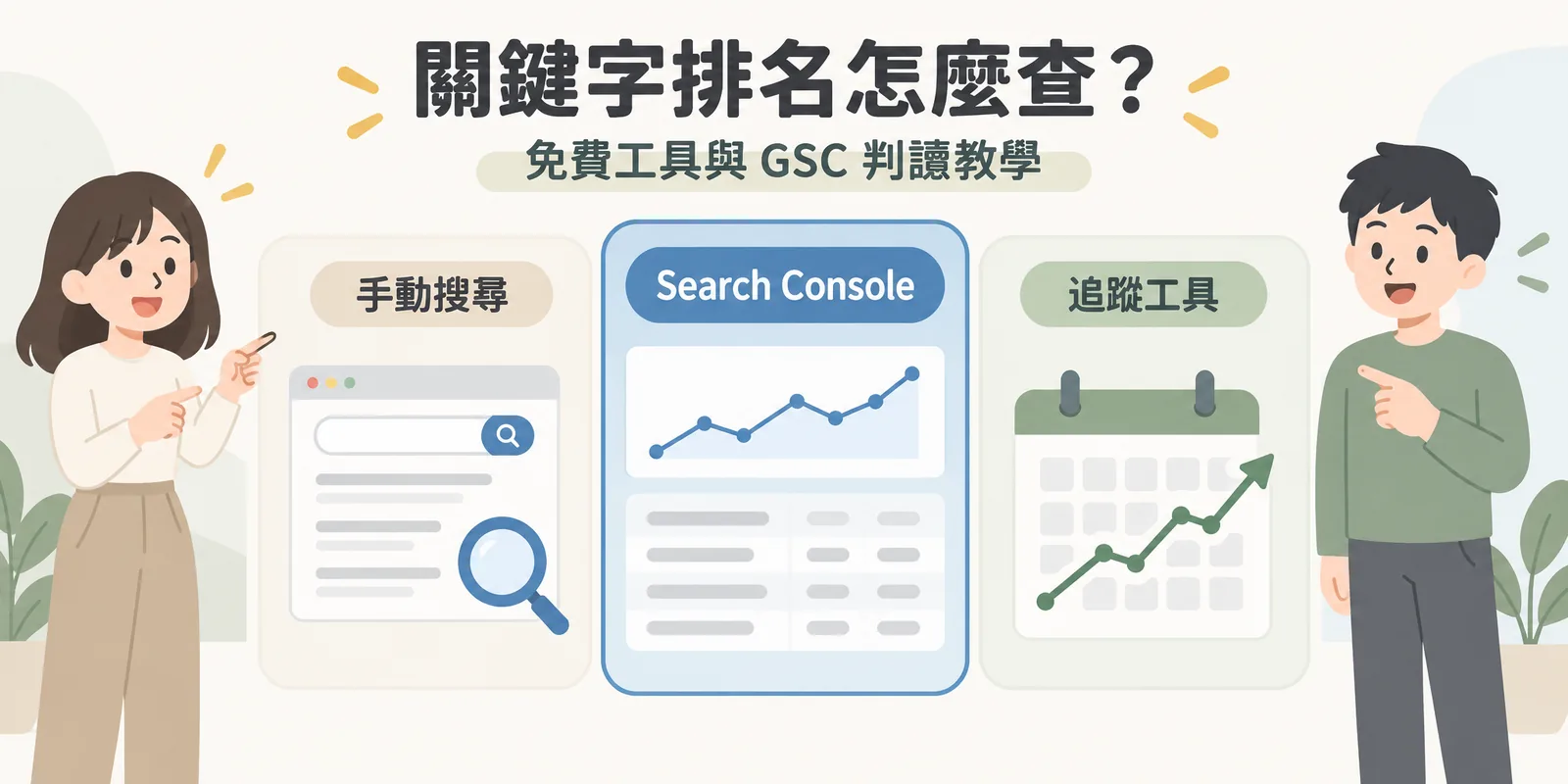 三種關鍵字排名查法比較示意：手動搜尋看當下結果頁、Search Console 彙整真實使用者的平均排名、排名追蹤工具定期查指定地區，以 Search Console 為主要方法。