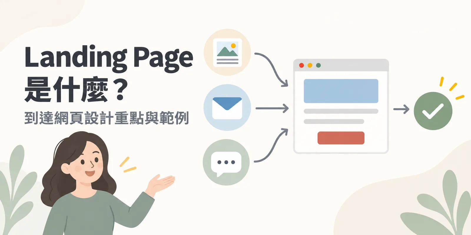 Landing Page 示意：廣告、Email 與社群等管道的訪客匯集到同一個到達網頁，頁面只有一個明確的行動按鈕，引導訪客完成單一目標。