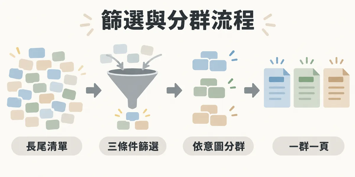 長尾關鍵字篩選與分群流程示意:大量長尾清單先依商業相關性、意圖與競爭三條件篩選,再依意圖分成幾群,每一群由一個頁面承接。