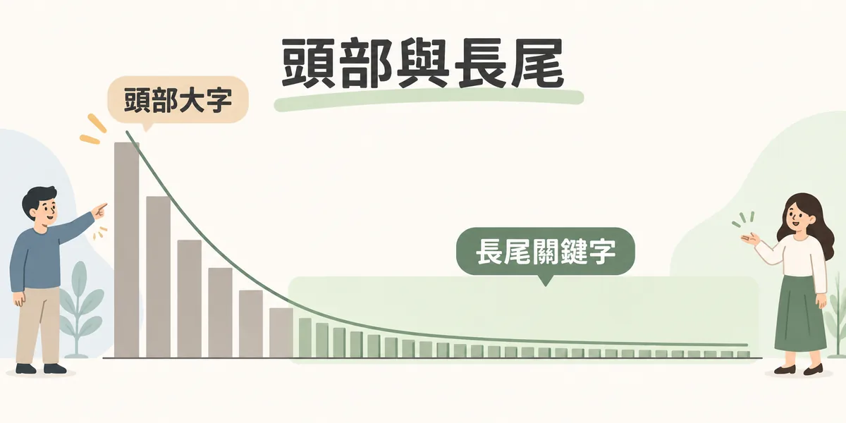 長尾關鍵字分布示意:左邊是少數搜尋量很高的頭部大字,往右延伸出一長串搜尋量低但數量眾多的長尾關鍵字。