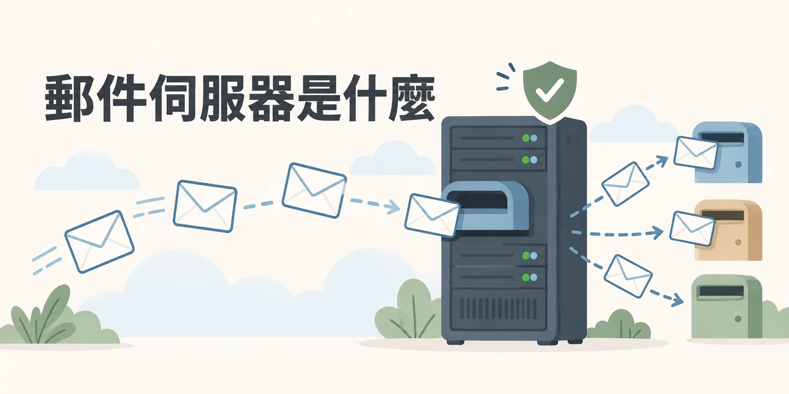 郵件伺服器示意：伺服器負責收下寄來的信件、檢查與過濾後，再把信件分送到各個收件人的信箱，等收件人用郵件軟體取信閱讀。