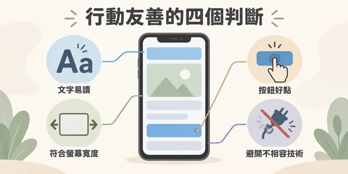 Google 判斷行動友善的四個面向示意:文字在手機上容易閱讀、內容符合螢幕寬度不需左右滑動、按鈕與連結容易點擊,以及避開不適合手機的技術。