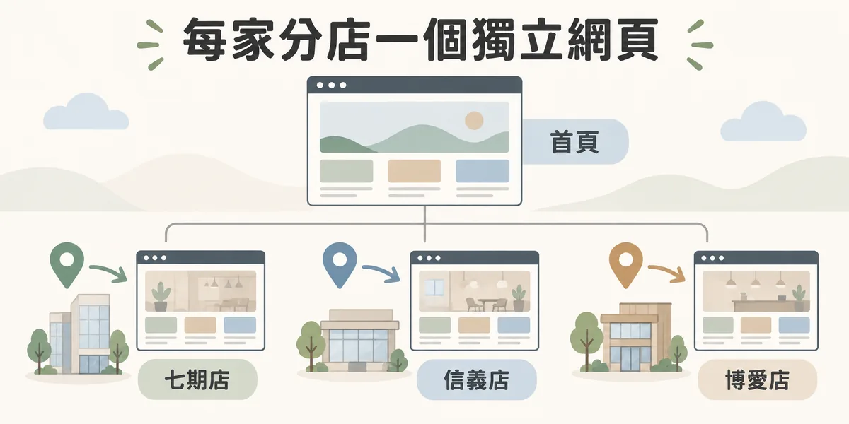 每家分店都有獨立網頁的示意:品牌首頁下方分出七期店、信義店、博愛店三個分店頁,各分店的地圖定位針都連到自己的分店頁,而不是全部指向首頁。