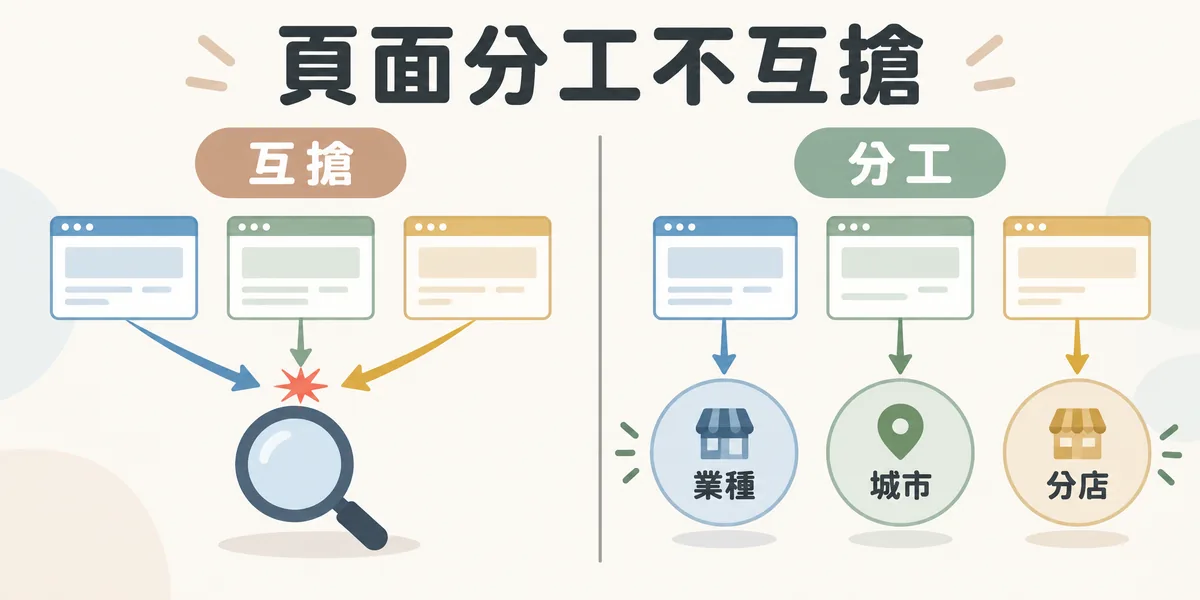 關鍵字蠶食前後對照:左邊三個頁面搶同一個關鍵字而互相壓制,右邊服務頁、城市總覽頁與分店頁分工,分別聚焦業種、城市與分店關鍵字。