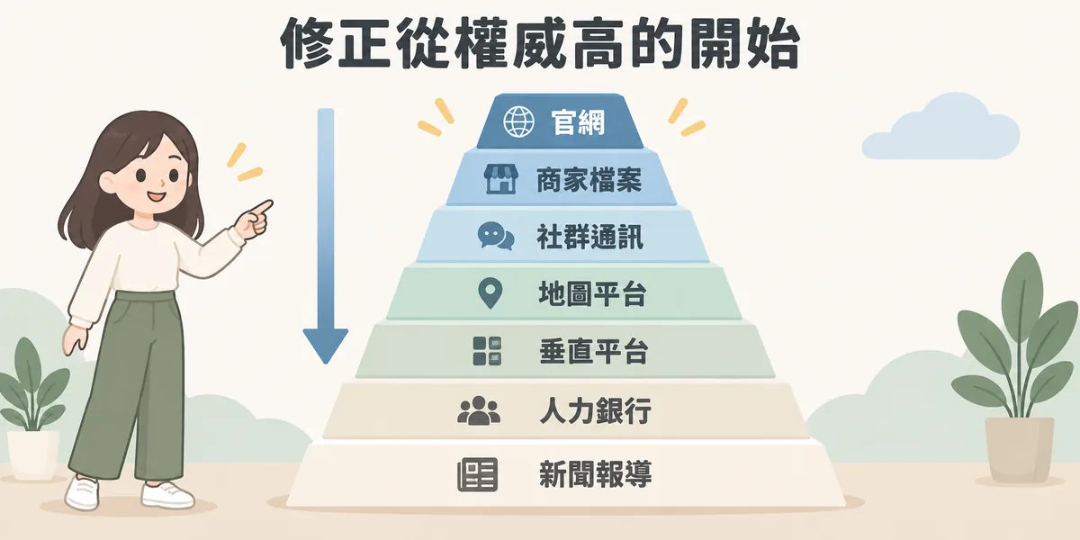 NAP 修正順序示意:由上而下依序是官網、Google 商家檔案、社群與通訊平台、地圖平台、垂直平台、人力銀行目錄、第三方報導,先改權威高的來源再往下處理。