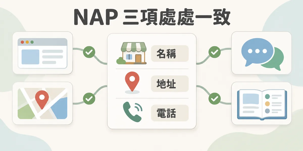 NAP 一致性示意:中央名片卡列出商家名稱、地址、電話三項,四周的官網、地圖、社群與目錄平台都連回同一份資料並打勾,表示每個地方寫法都相同。