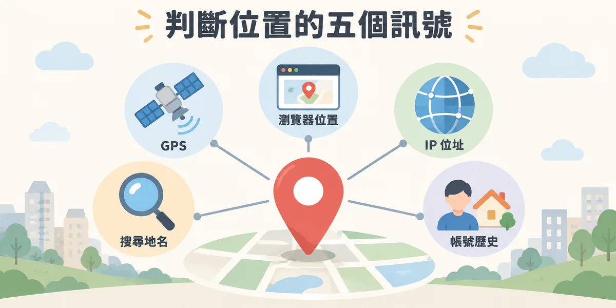 搜尋引擎判斷使用者位置的五個訊號示意:GPS、瀏覽器位置、IP 位址、帳號歷史位置與搜尋字詞中的地名,綜合起來推估使用者所在位置。