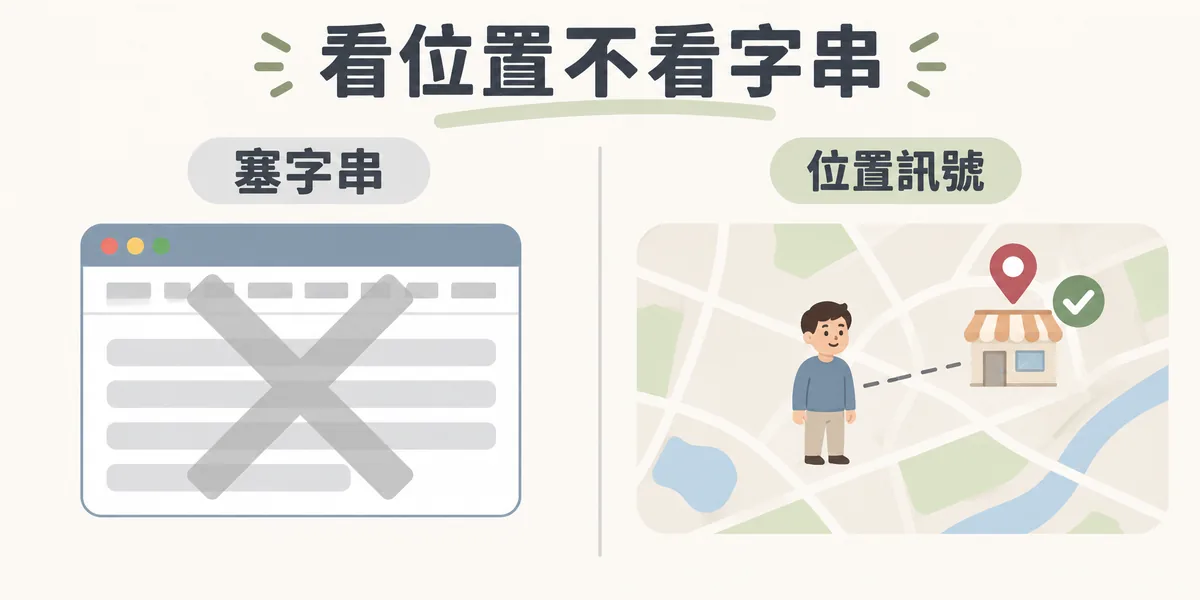 附近搜尋的判斷方式對照:左邊網頁標題重複塞入「附近的」字串沒有用,右邊搜尋引擎看的是使用者位置和店家實際距離,店家就在使用者附近才會被推薦。