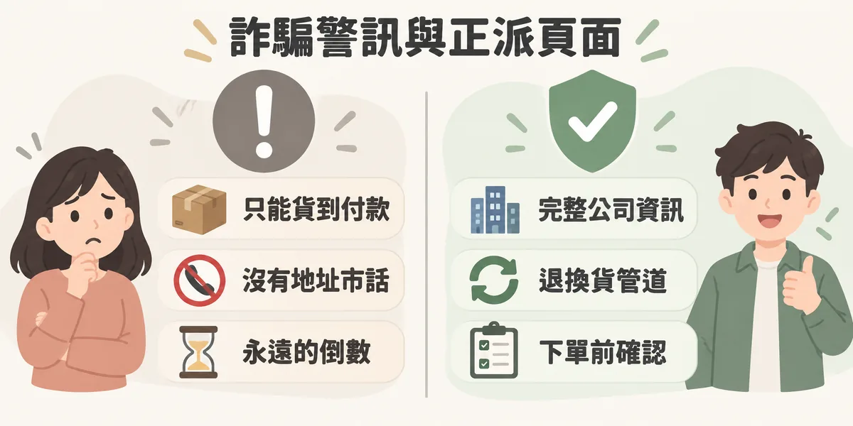 一頁式詐騙警訊與正派頁面對照:詐騙頁常只能貨到付款、沒有地址市話、倒數永遠不結束;正派頁面會揭露完整公司資訊、退換貨管道與下單前確認步驟。