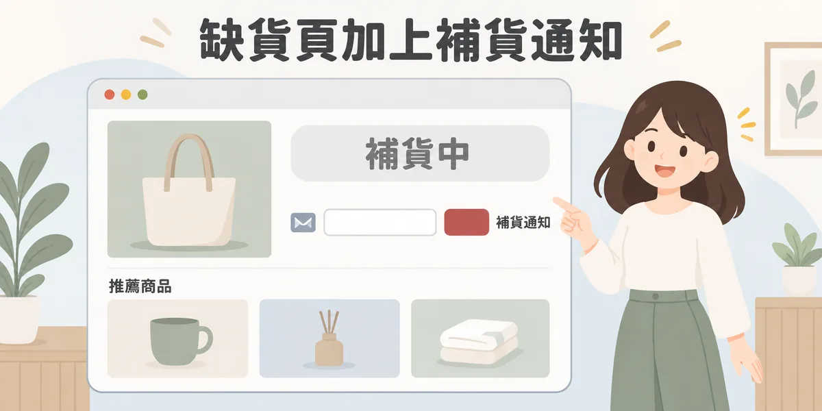 暫時缺貨商品頁示意：保留原本的商品內容並標示補貨中，加上留下 Email 的補貨通知欄位，下方再放相關推薦商品，讓不想等的訪客也有其他選擇。