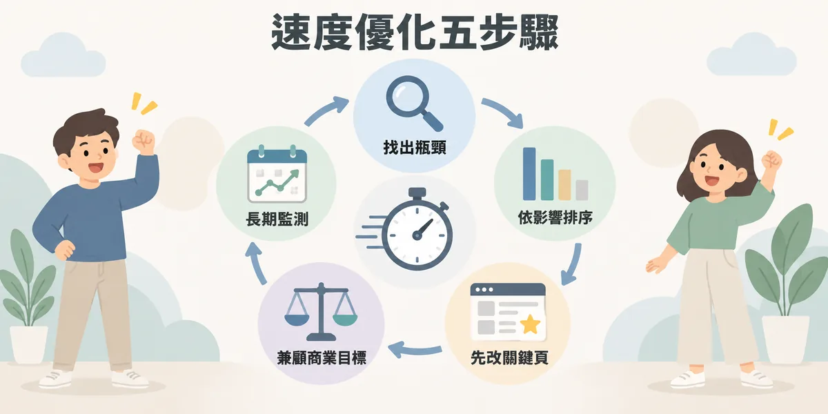 網頁速度優化五步驟循環:先用工具找出最大瓶頸,依影響程度排序,優先改善首頁與關鍵轉換頁,在不影響商業目標下提升效能,最後建立長期監測機制。