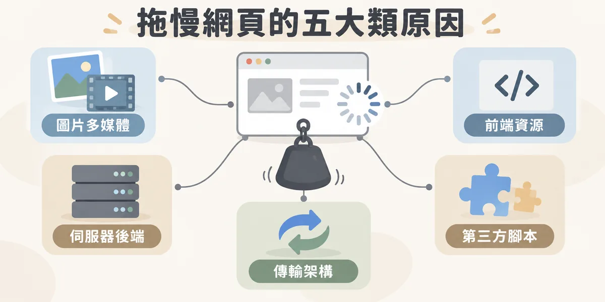 拖慢網頁速度的五大類原因:圖片與多媒體太大、CSS 與 JavaScript 等前端資源過重、伺服器與後端效能不足、轉址與壓縮等傳輸架構問題,以及第三方腳本過多。