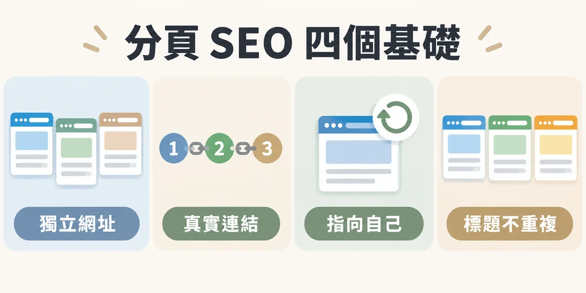 分頁 SEO 四個基礎示意:每個分頁有獨立網址、分頁列用真實連結串起來、canonical 指向自己,以及每一頁的 title 與描述不重複。