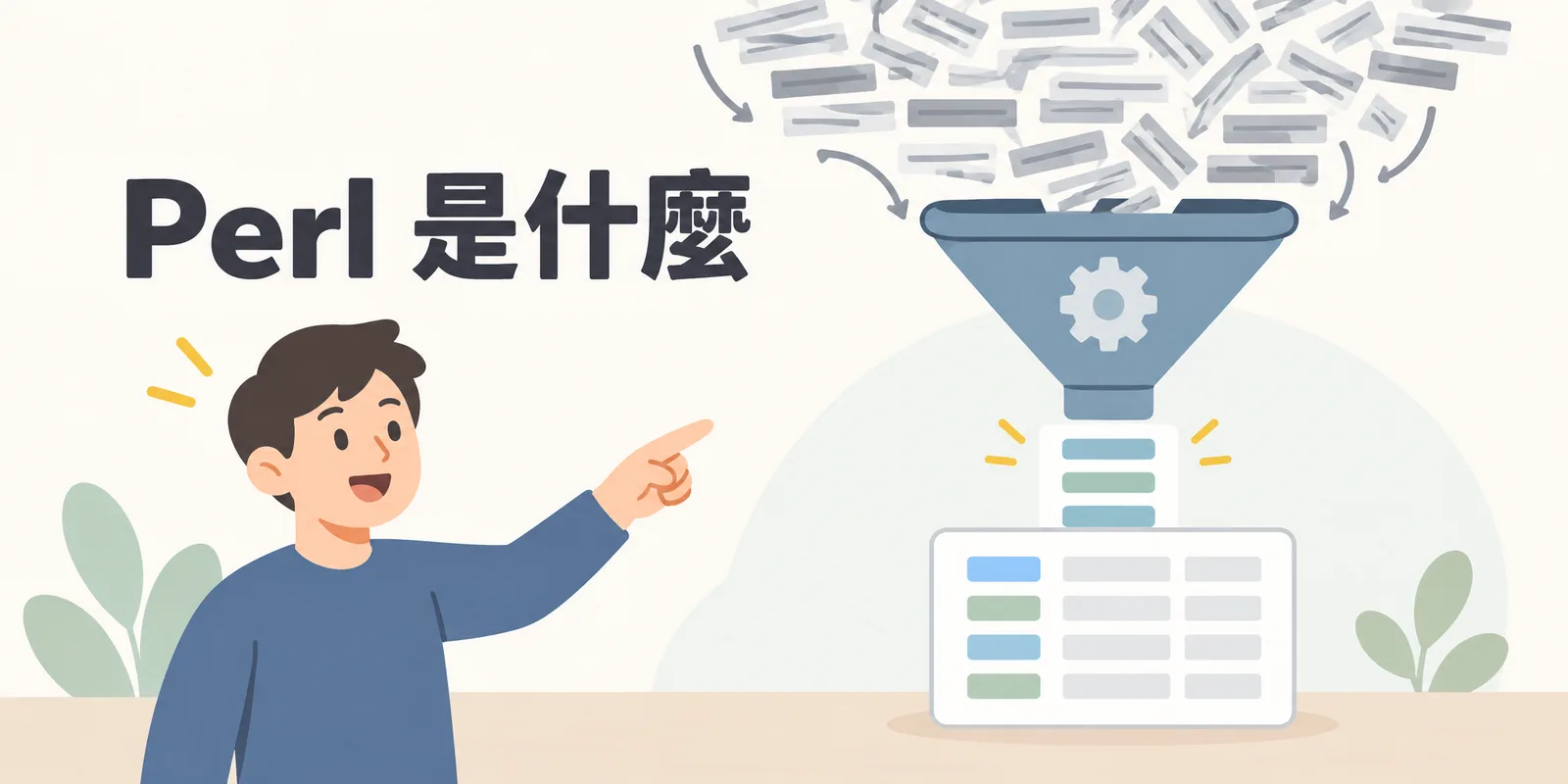 Perl 程式語言示意：大量雜亂的文字資料經過漏斗篩選，擷取出需要的片段並整理成報表，代表 Perl 擅長的文字處理與資料擷取。