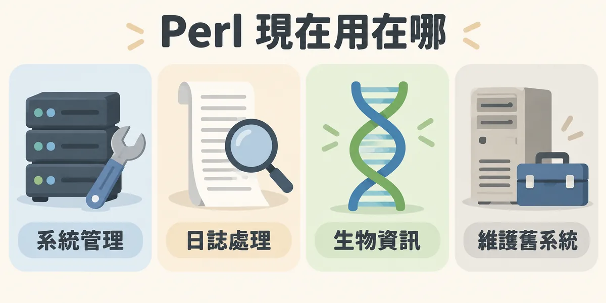 Perl 現況示意：語言仍持續維護，主要用在系統管理、文字與日誌處理、生物資訊，以及維護既有的舊系統，較少用於新的網頁開發。