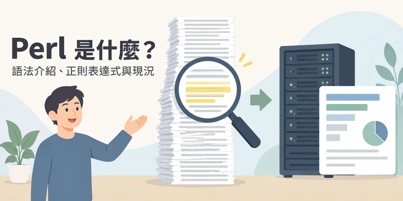 Perl 程式語言示意：用放大鏡掃描大量文字與伺服器日誌，以正則表達式擷取需要的資料，再整理成報表，代表 Perl 擅長的文字處理與系統管理。