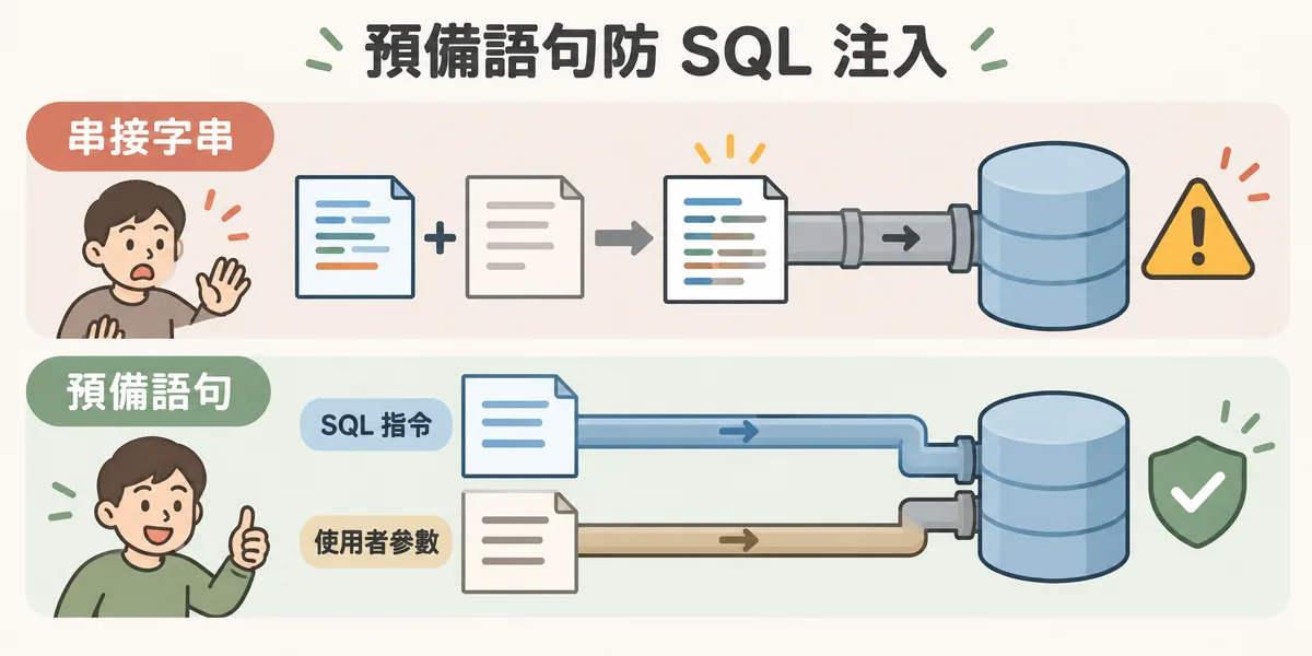 預備語句與字串串接的對照示意:把使用者輸入直接串進 SQL 有注入風險,預備語句把 SQL 指令與參數分開送進資料庫,輸入不會被當成指令執行。