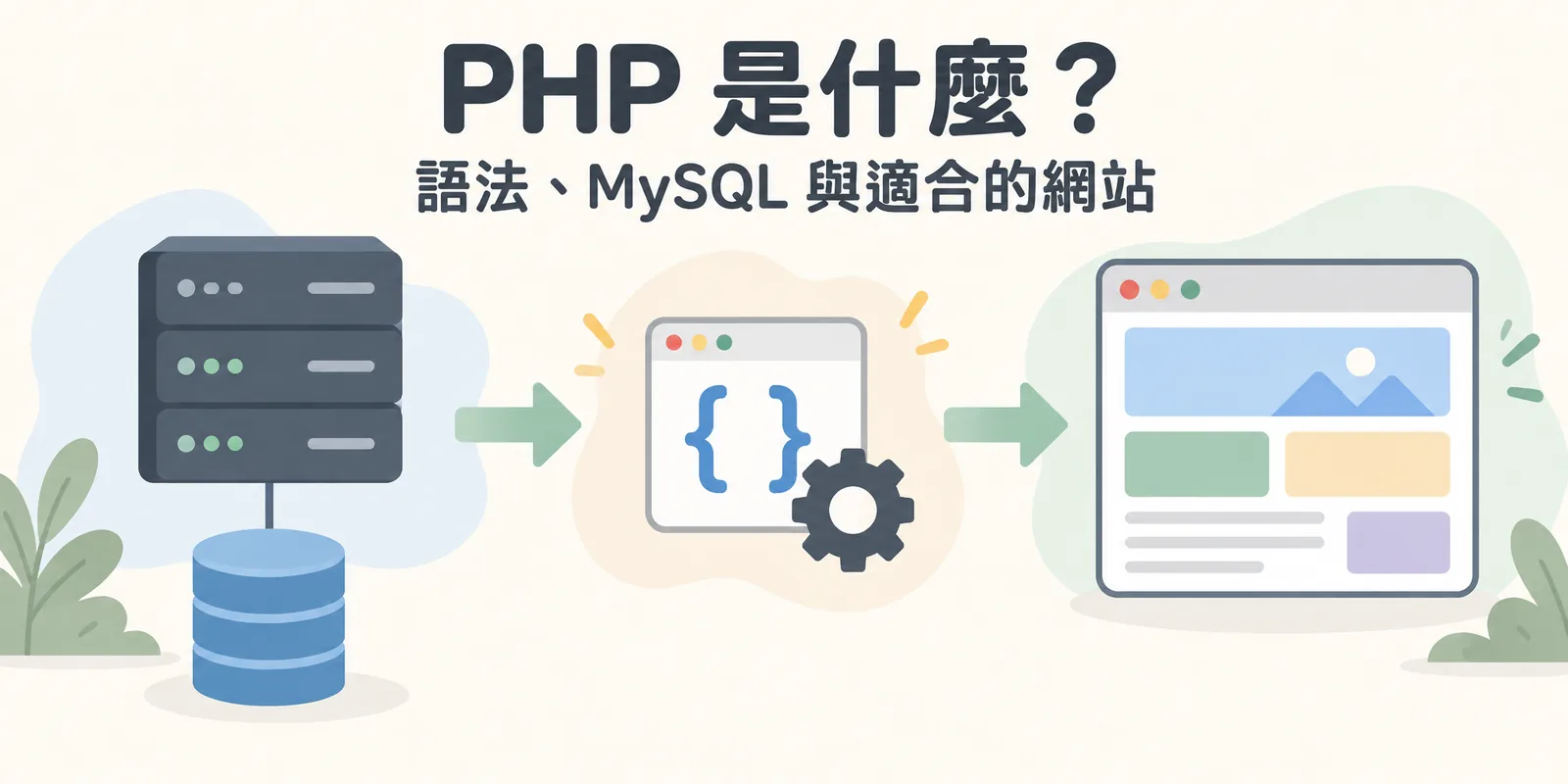 PHP 運作概念示意：伺服器端執行程式並讀取資料庫，再把產生好的網頁送到瀏覽器，是企業官網與內容網站常用的伺服器端語言。