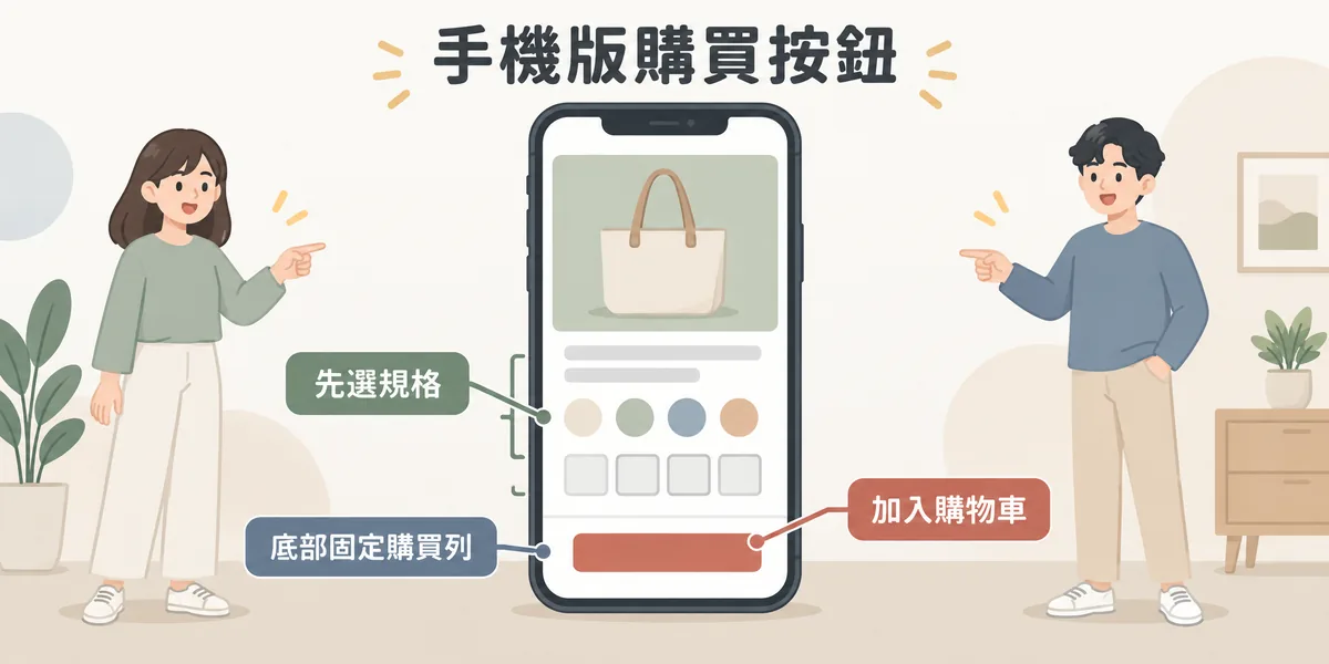 手機版商品頁購買按鈕示意：使用者先選擇顏色與尺寸規格，畫面底部固定一條購買列，滑到頁面任何位置都能點加入購物車下單。