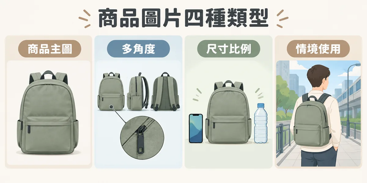 商品圖片四種類型示意：以後背包為例，分別是乾淨背景的商品主圖、多角度與細節圖、與手機寶特瓶對比的尺寸比例圖，以及通勤的情境使用圖。