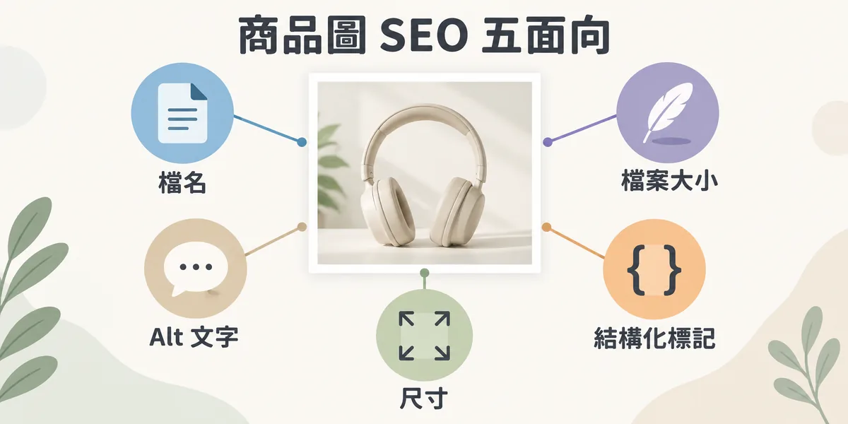 商品圖 SEO 五個面向示意:一張商品照片周圍連到檔名、Alt 文字、尺寸、檔案大小與結構化標記五項,每一項都要處理好。