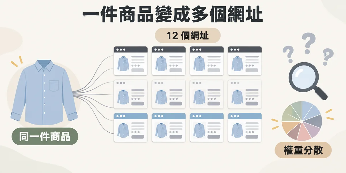 商品變體造成重複頁面示意：一件襯衫有黑白藍三色、各四個尺寸，變成 12 個內容幾乎相同的網址，搜尋引擎分不清該收錄哪一頁，權重也被分散。
