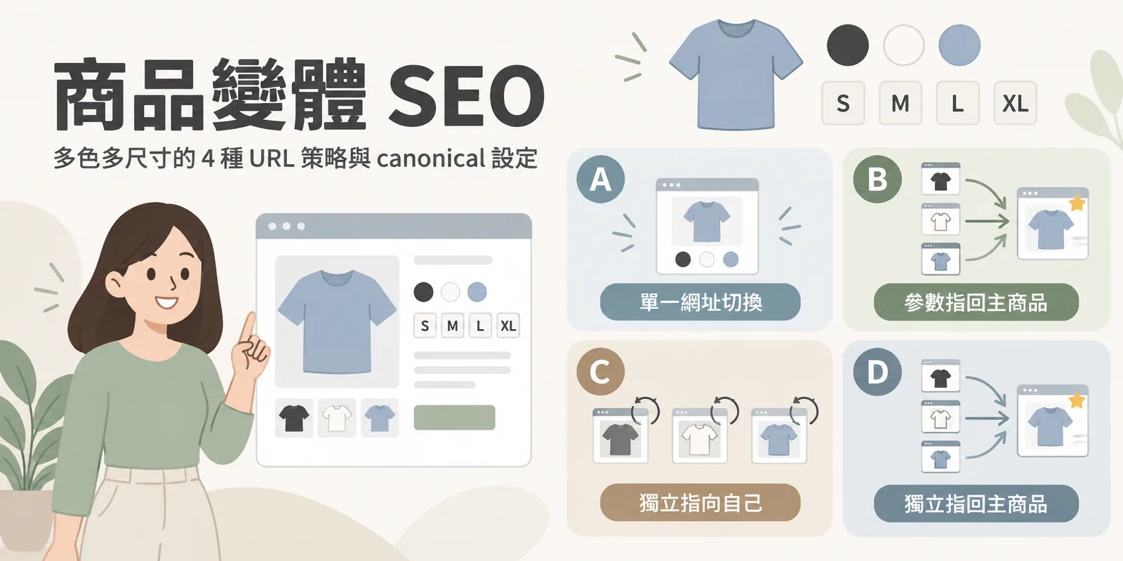 商品變體四種 URL 策略示意：一件 T 恤有多種顏色與 S、M、L、XL 尺寸，A 單一網址切換、B 參數網址指回主商品、C 獨立網址各自 self-canonical、D 獨立網址指回主商品。