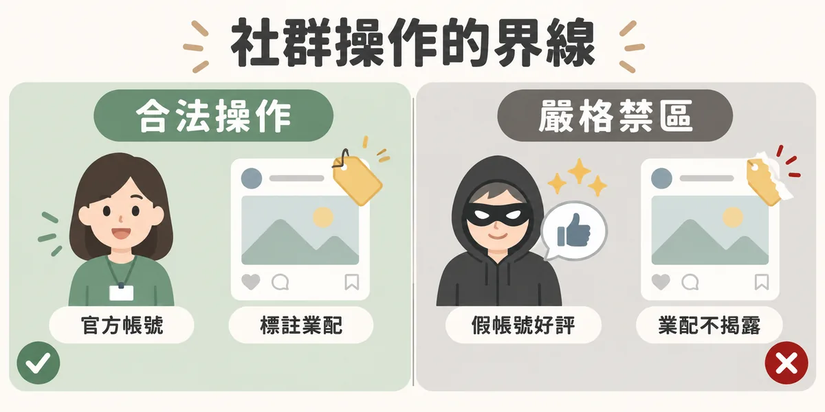 品牌經營 PTT、Dcard 的界線示意:左邊合法做法是開設標明身分的官方帳號、業配清楚標註;右邊禁區是用假帳號寫好評與業配不揭露。