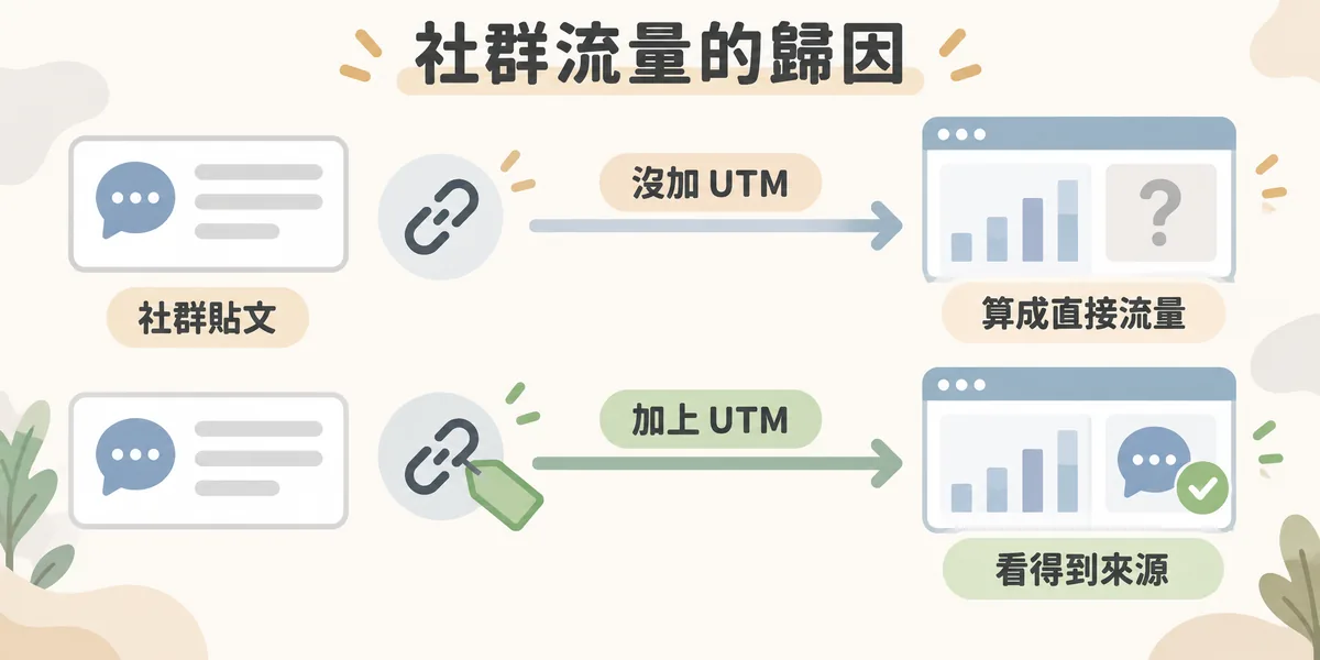 社群流量歸因示意:同一則 PTT、Dcard 貼文的連結,沒加 UTM 時常被 GA4 算成直接流量;加上 UTM 參數後,報表就能看到訪客確實來自社群。