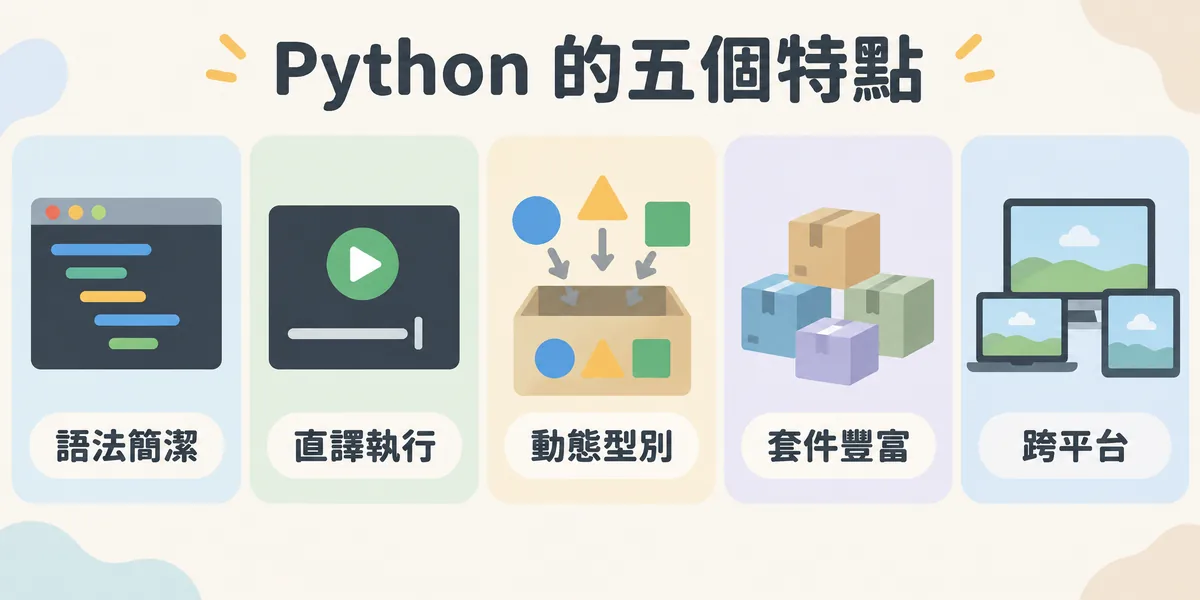 Python 五個特點示意：語法簡潔可讀、不需編譯直接直譯執行、變數不必宣告型別、標準庫與第三方套件豐富，以及跨平台並開放原始碼。