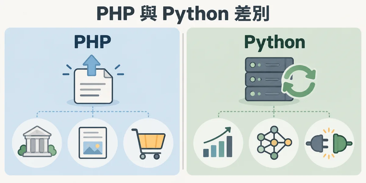 PHP 與 Python 選擇對照：PHP 存檔即可上線，適合官網、部落格與中小電商；Python 需要常駐的應用伺服器，適合資料處理、機器學習與 API。