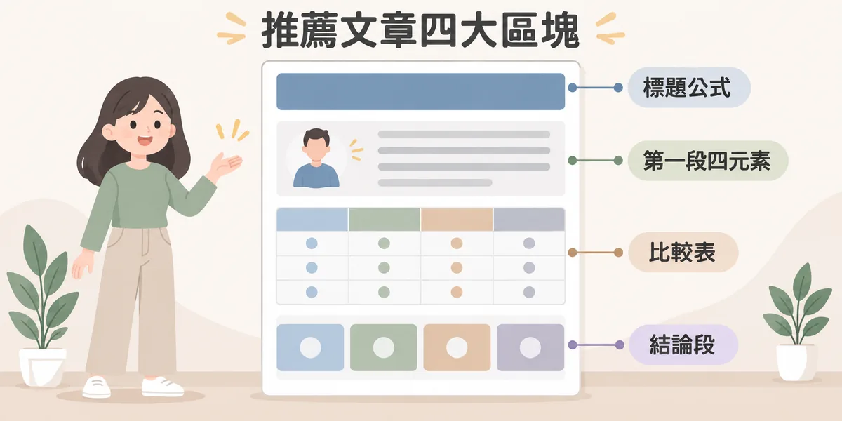 推薦類文章結構示意:一篇文章由上而下分成標題公式、第一段四元素、比較表與結論段四個區塊,內容團隊可逐一當作產出檢核項目。
