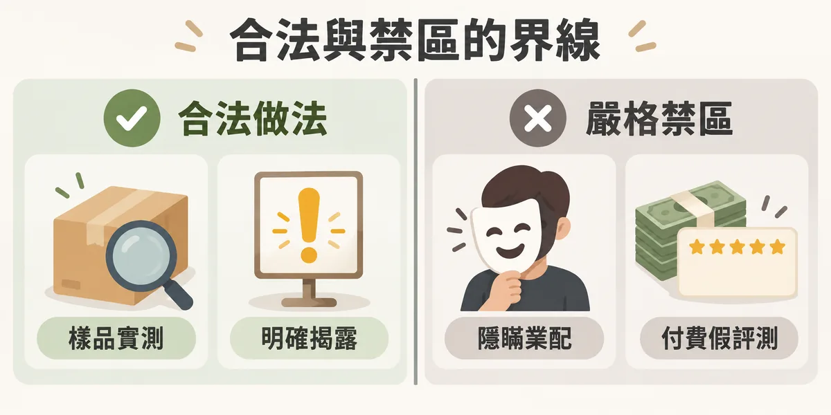 廠商進入第三方推薦文章的界線示意:左邊是提供樣品讓創作者實測、付費合作明確揭露等合法做法,右邊是隱瞞業配、付費假評測等同時觸犯 Google 政策與公平交易法的禁區。