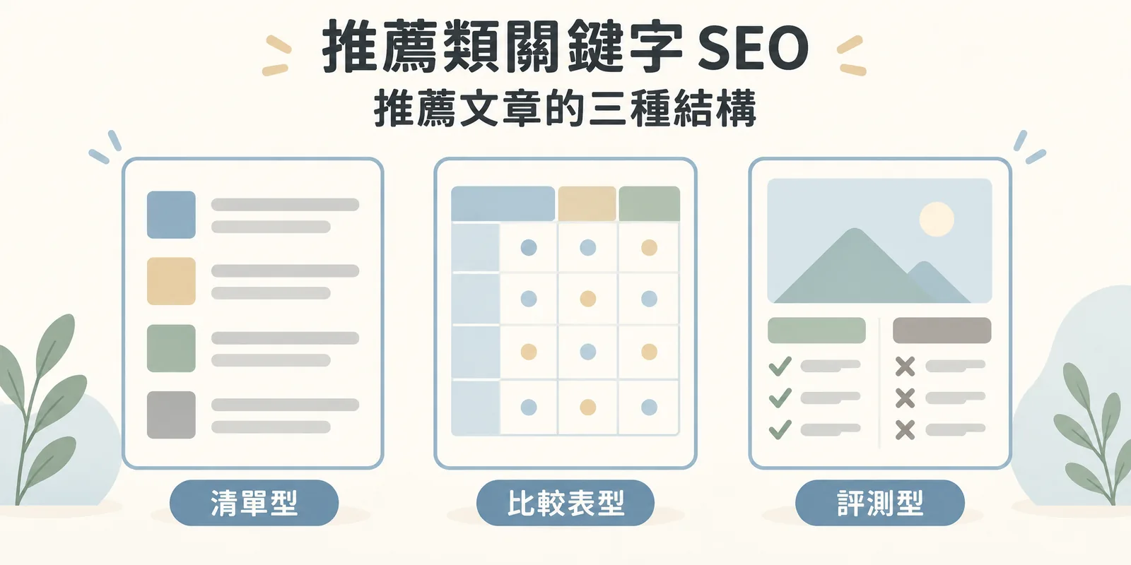 推薦文章三種結構示意：清單型逐項條列推薦、比較表型用大型對照表橫向比較規格、評測型針對單一產品寫實際使用心得與優缺點，依品類特性選擇。