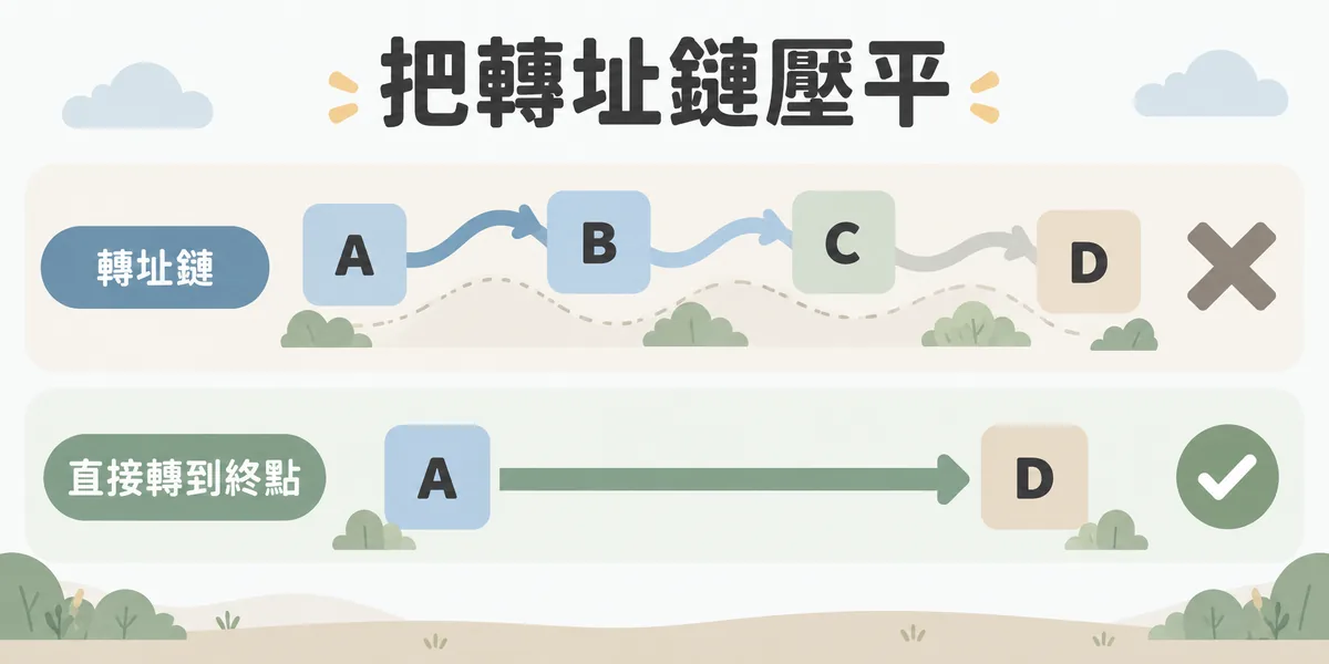 轉址鏈壓平示意：上排舊網址 A 經過 B、C 才轉到 D，每多一次轉址就多一分流失與爬蟲放棄的風險；下排改成 A 直接轉到最終目標 D，一次到位。