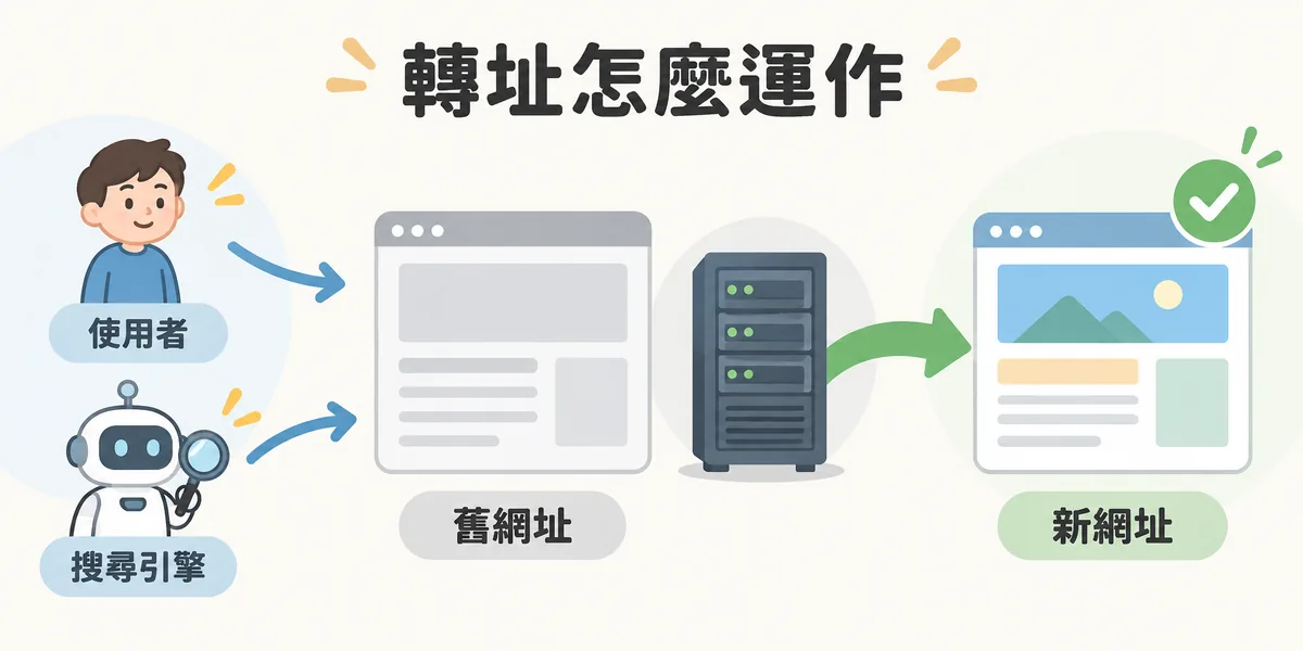 轉址運作示意：使用者或搜尋引擎請求舊網址時，伺服器自動把請求導向新網址，訪客不會看到錯誤頁，舊網址累積的排名與連結也能傳到新網址。