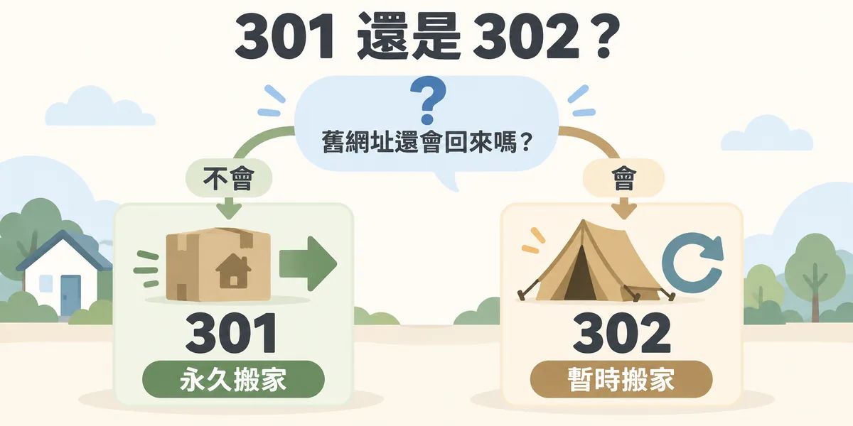 301 與 302 的判斷方式示意：先問舊網址未來還會不會回來，不會回來的永久搬家用 301 永久轉址，會回來的促銷活動或暫時維護才用 302 臨時轉址。