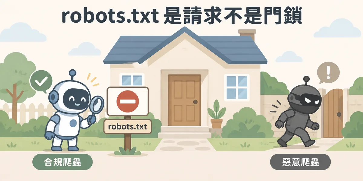 robots.txt 運作示意:合規的搜尋引擎爬蟲會先讀告示再決定抓取範圍,惡意爬蟲卻可能直接繞過,所以 robots.txt 只是請求遵守的規範,不是安全防護。