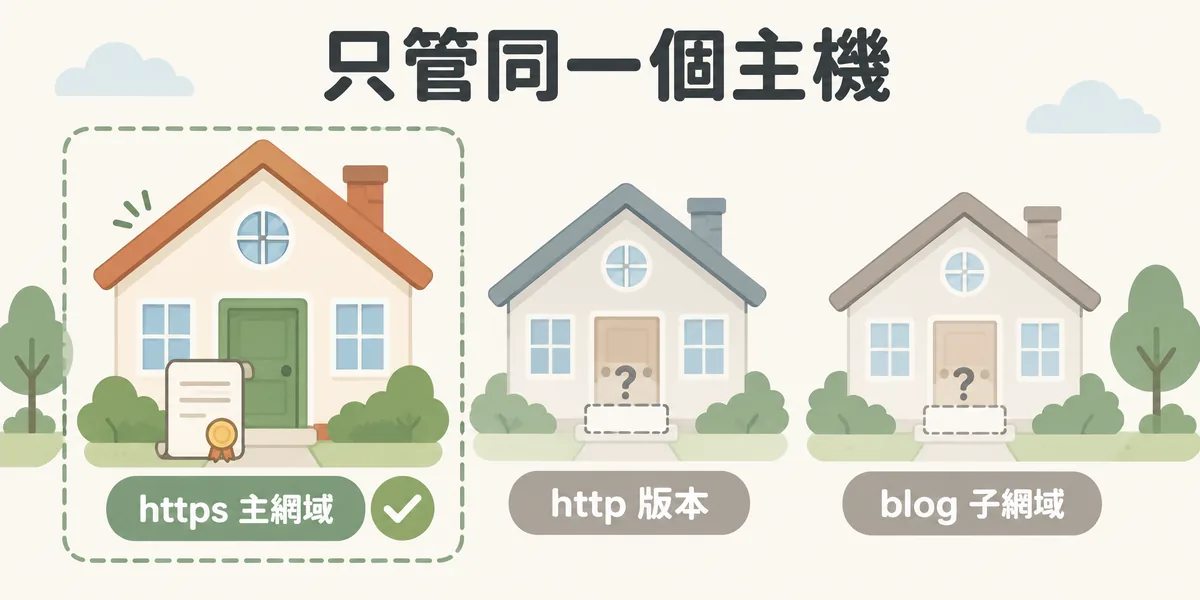 robots.txt 作用範圍示意:放在 https 主網域根目錄的 robots.txt 只管同一個協定與主機,http 版本與 blog 子網域都不在範圍內,需要各自設定。