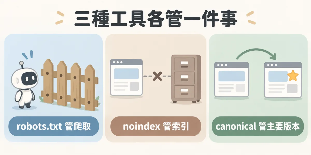 Robots Meta、robots.txt 與 canonical 分工示意:不想被爬取用 robots.txt,不想被索引用 noindex,有重複內容要指定主要版本則用 canonical,三者不可互相替代。