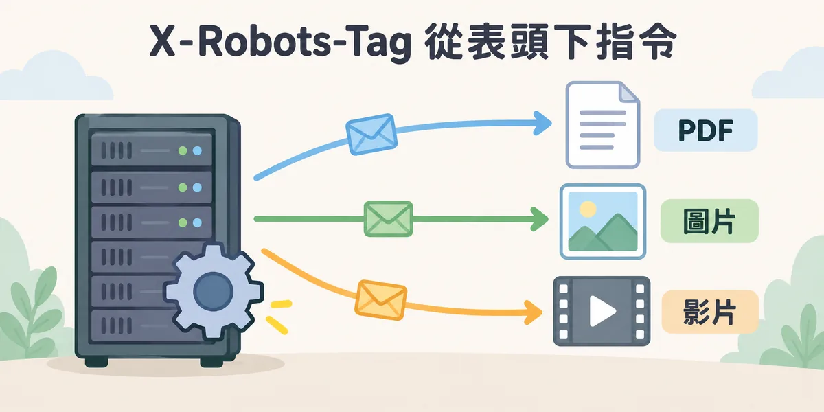 X-Robots-Tag 運作示意:伺服器在回應 PDF、圖片與影片等非 HTML 檔案時,透過 HTTP 表頭夾帶 Robots 指令,一次設定就能批次套用到整個目錄或同類檔案。