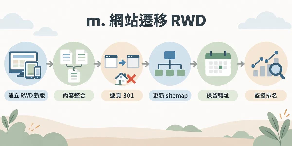 從 m. 子網域遷移到 RWD 的六個步驟：先建立 RWD 新版並整合內容，再做逐頁 301 轉址、更新 sitemap、保留轉址一段時間，最後持續監控排名與索引。