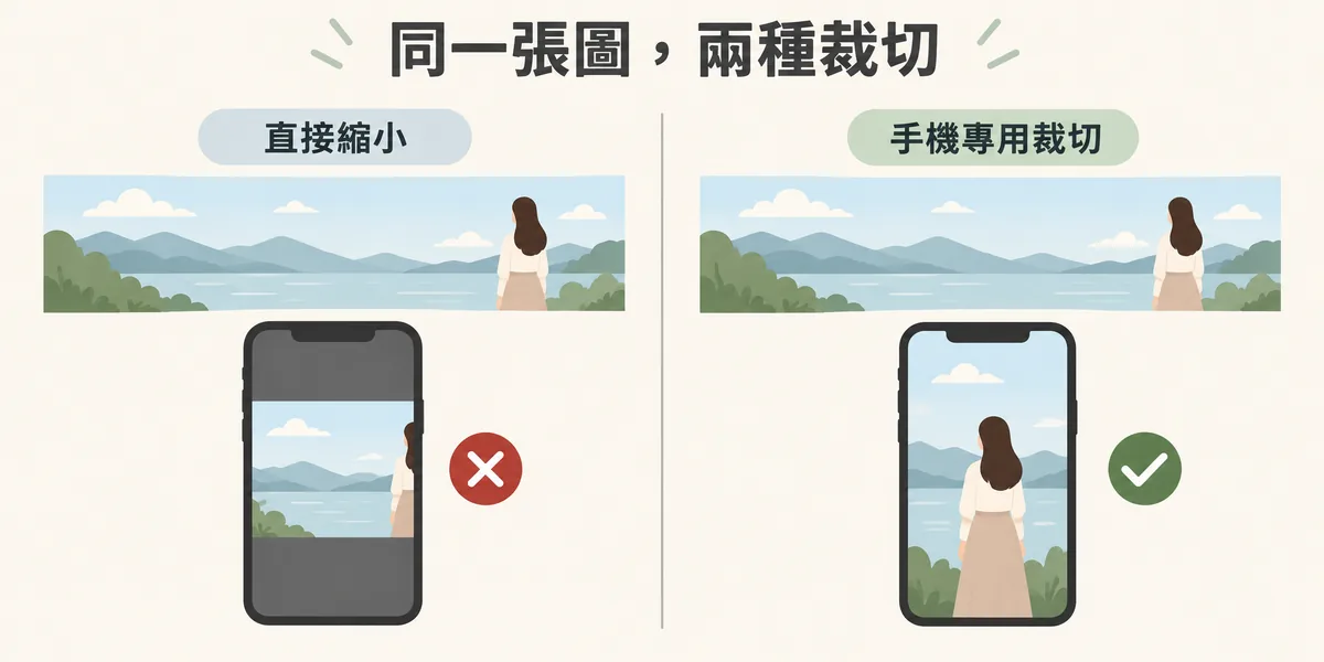 圖片裁切前後對照:桌機寬版橫幅直接縮小到手機時人物被裁掉,用 picture 元素提供手機專用的直版裁切後,人物與重點完整保留。