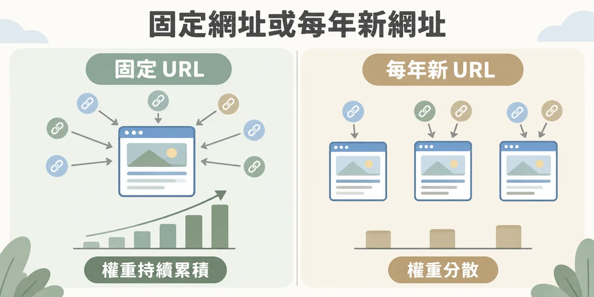 固定 URL 與每年新建 URL 的比較示意:固定網址讓每年的反向連結都指向同一頁,權重逐年累積;每年新建網址則讓連結分散在不同頁面,權重無法集中。