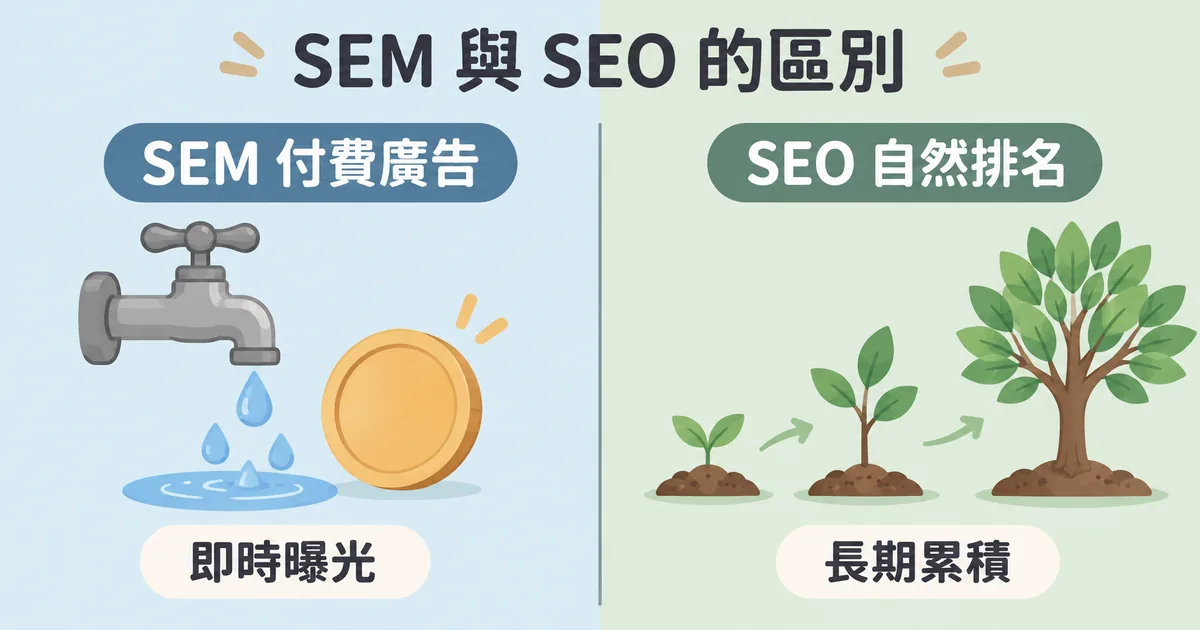 SEM 與 SEO 對照示意：左邊 SEM 付費廣告像打開水龍頭，付費就能即時曝光；右邊 SEO 自然排名像種樹，需要時間經營、效益長期累積。